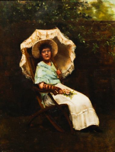 Framed Late 19th Century Oil Lady Under The Parasol photo furniture