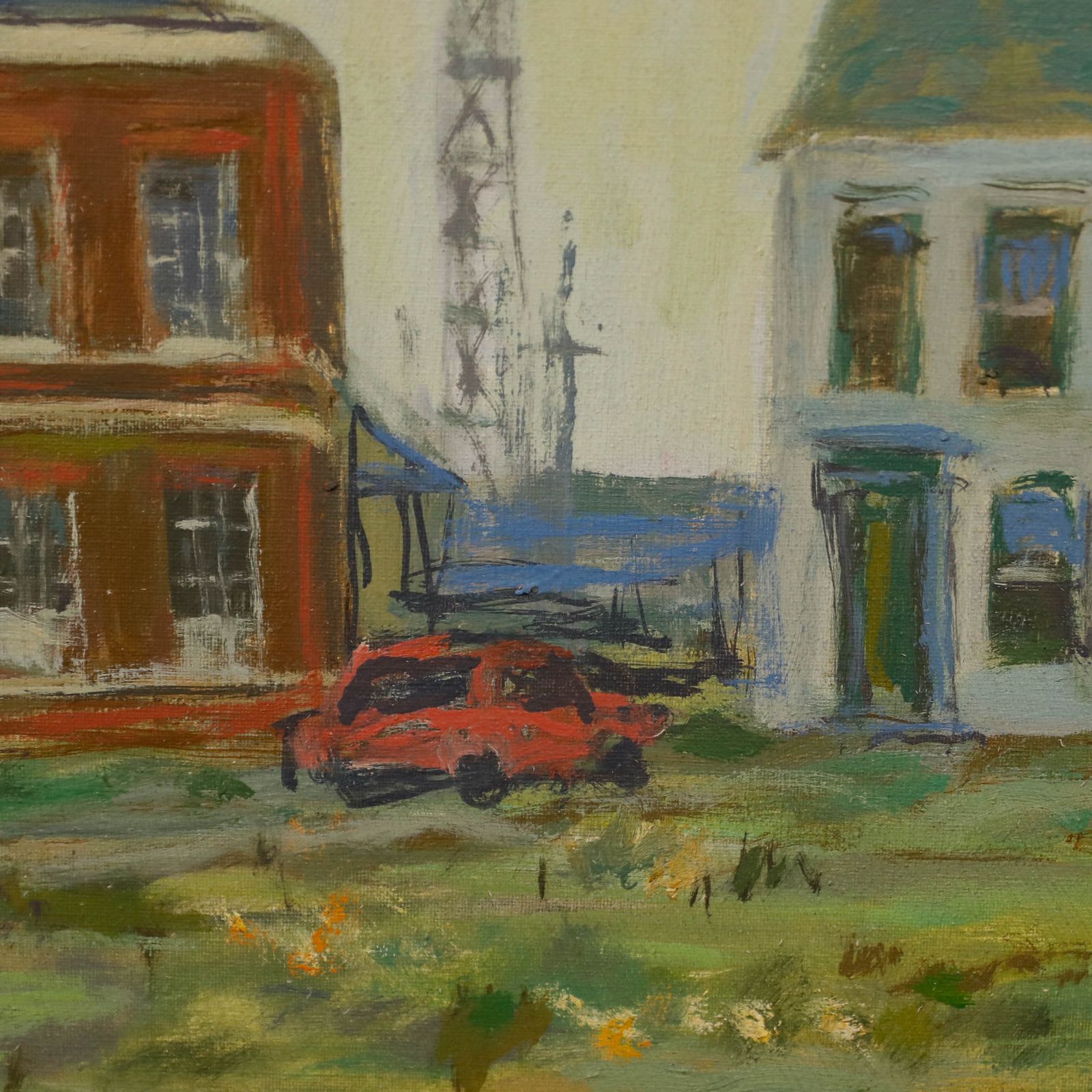 Simon Goldberg (1916 2002) 20th Century Oil, Houses And A Crane photo Art