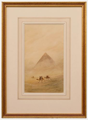Framed Late 19th Century Watercolour Camel Riders Near Giza