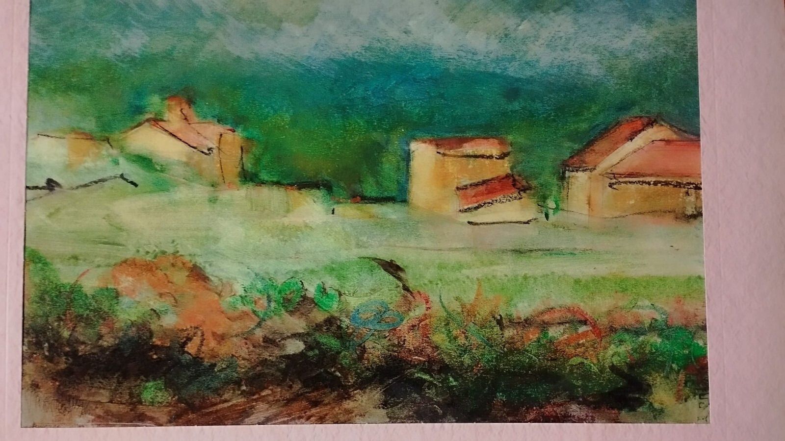 photo vintage Painting Drawing Mixed Technique Vinicio Olivieri Landscape Tuscan Farmhouses