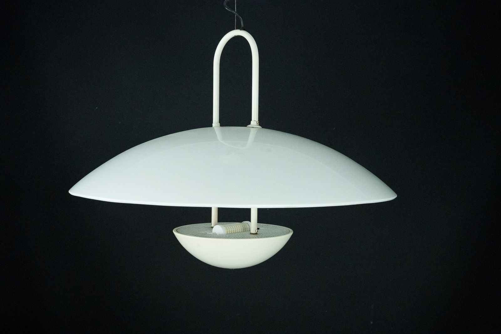 photo furniture Vintage 1990s White Pendant Lamp With Glass Top Shade. Italy