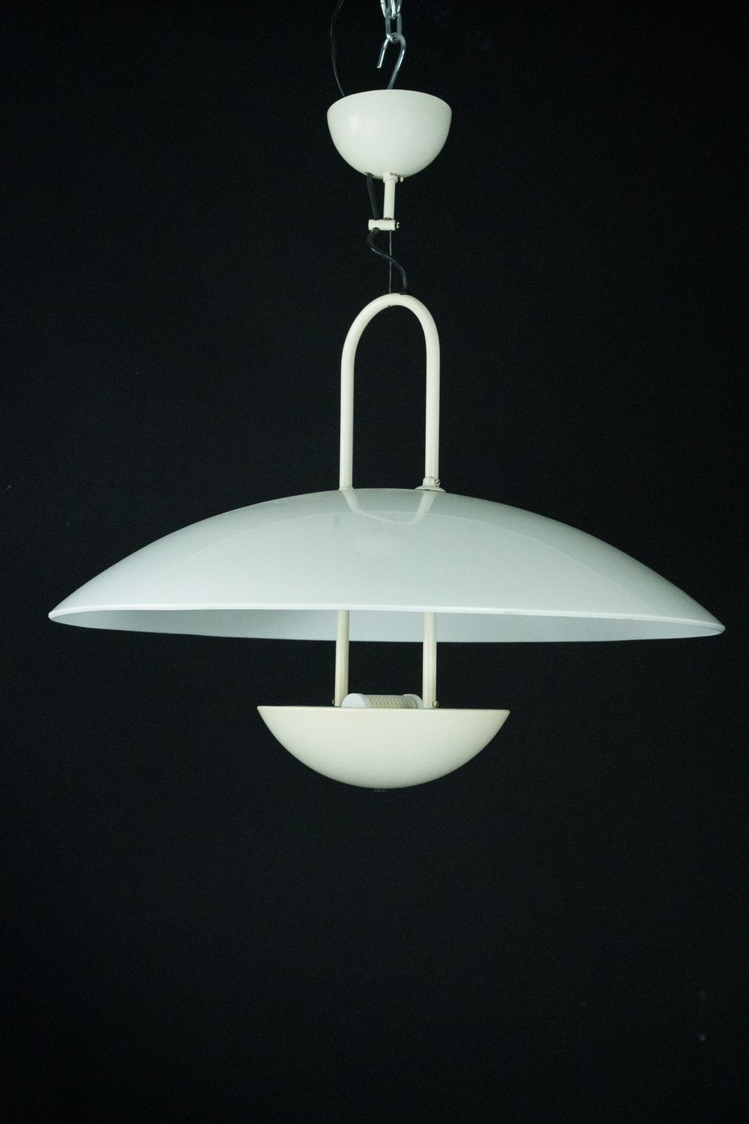 Vintage 1990s White Pendant Lamp With Glass Top Shade. Italy
