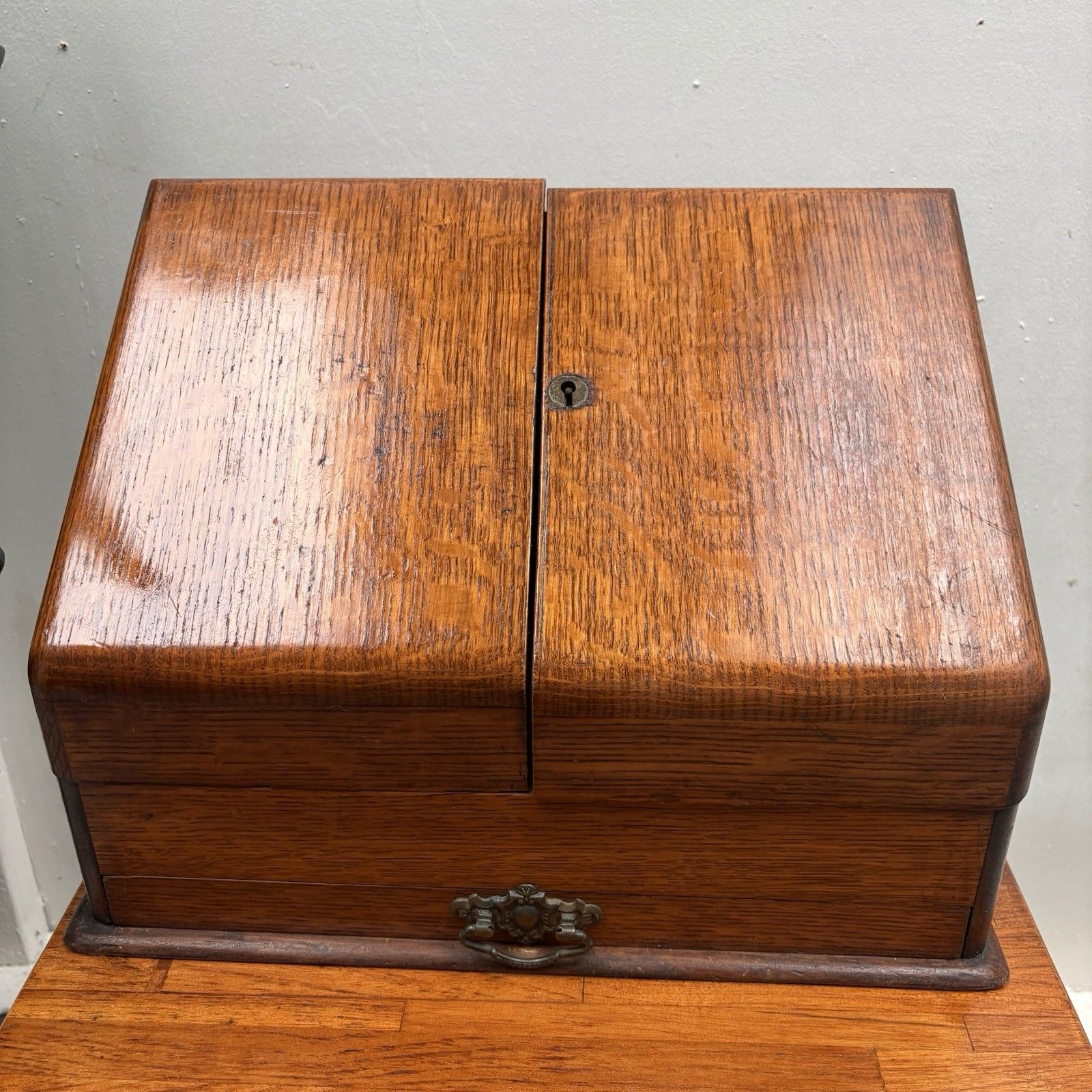 Compact Victorian Oak Stationery Letter Writing Box Organiser