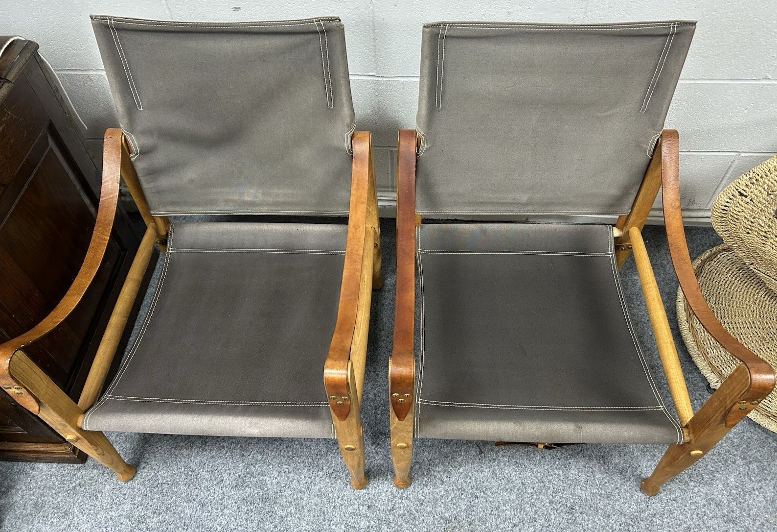 Pair Original Safari Chairs Kaare Klint Grey Canvas Ash Frame Danish Mid Century photo Furniture