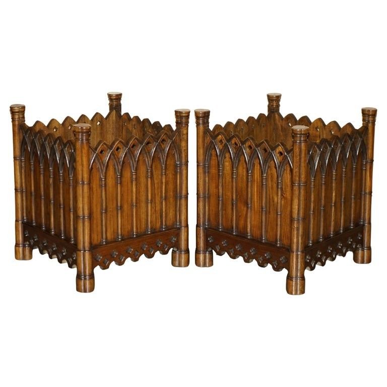 Stunning Pair Of Gothic Revival Extra Large Hand Carved Wooden Planters 72x60cm