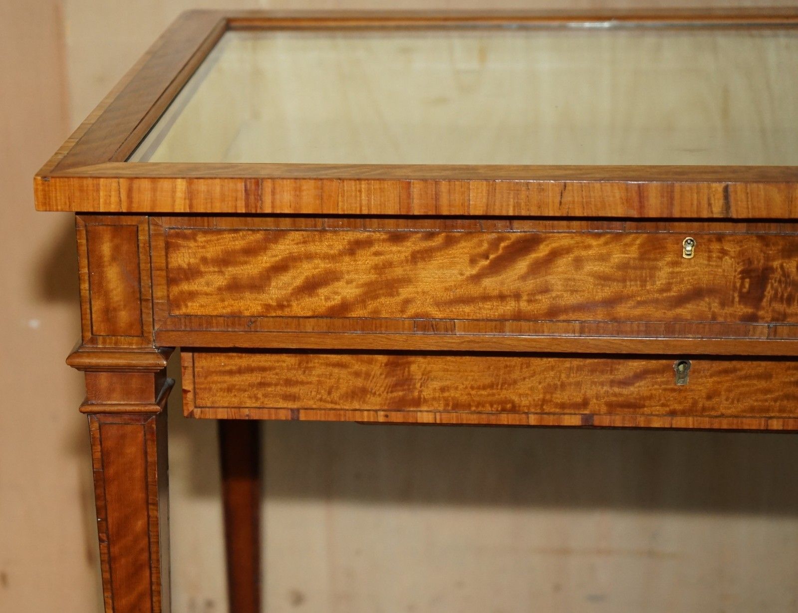 Antique Satinwood Bijouterie Glass Display Case Side End Table For Trinkets Etc photo vintage