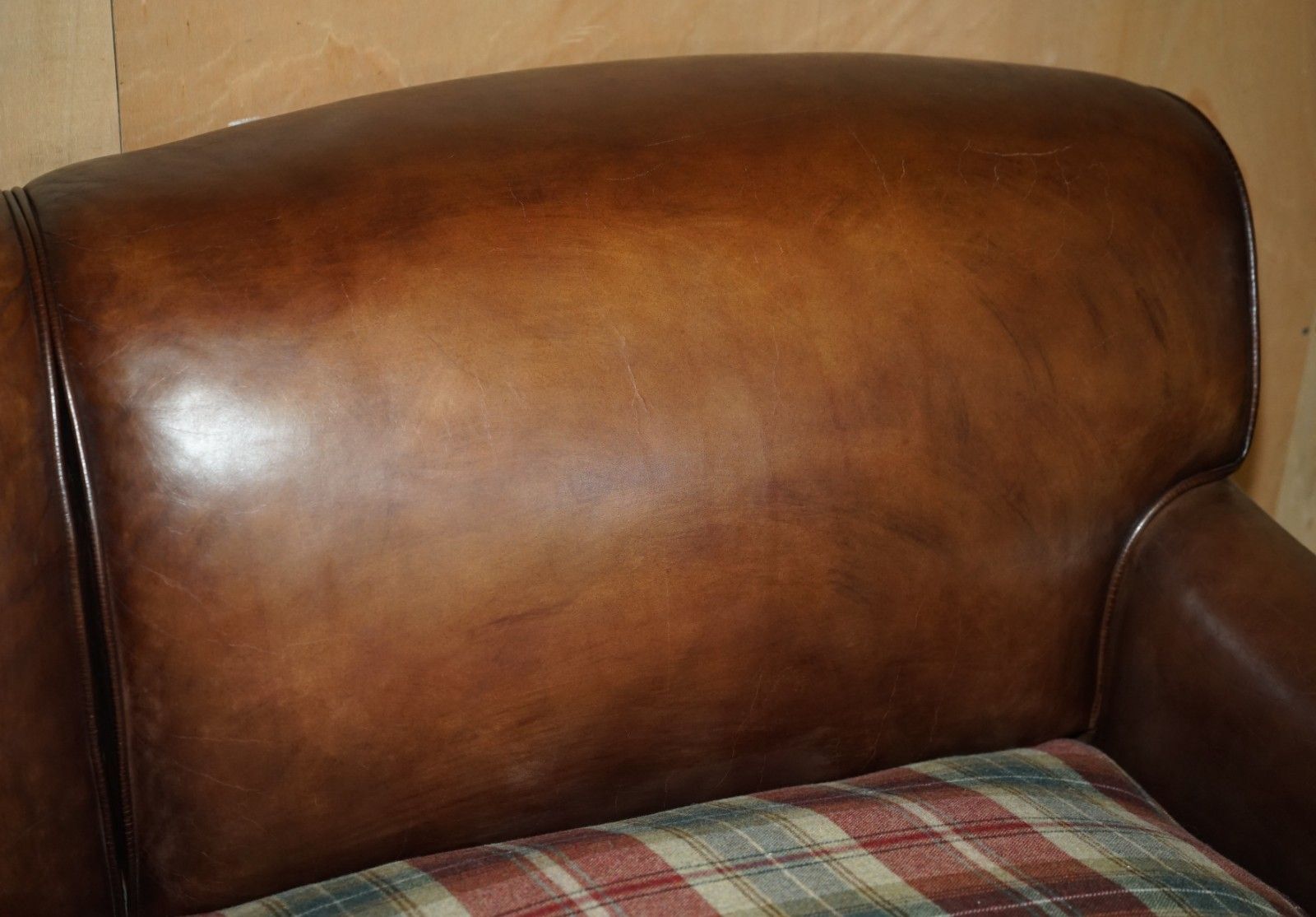 photo furniture Fine George Smith Howard Brown Leather Signature Scroll Arm Sofa Tartan Cushions