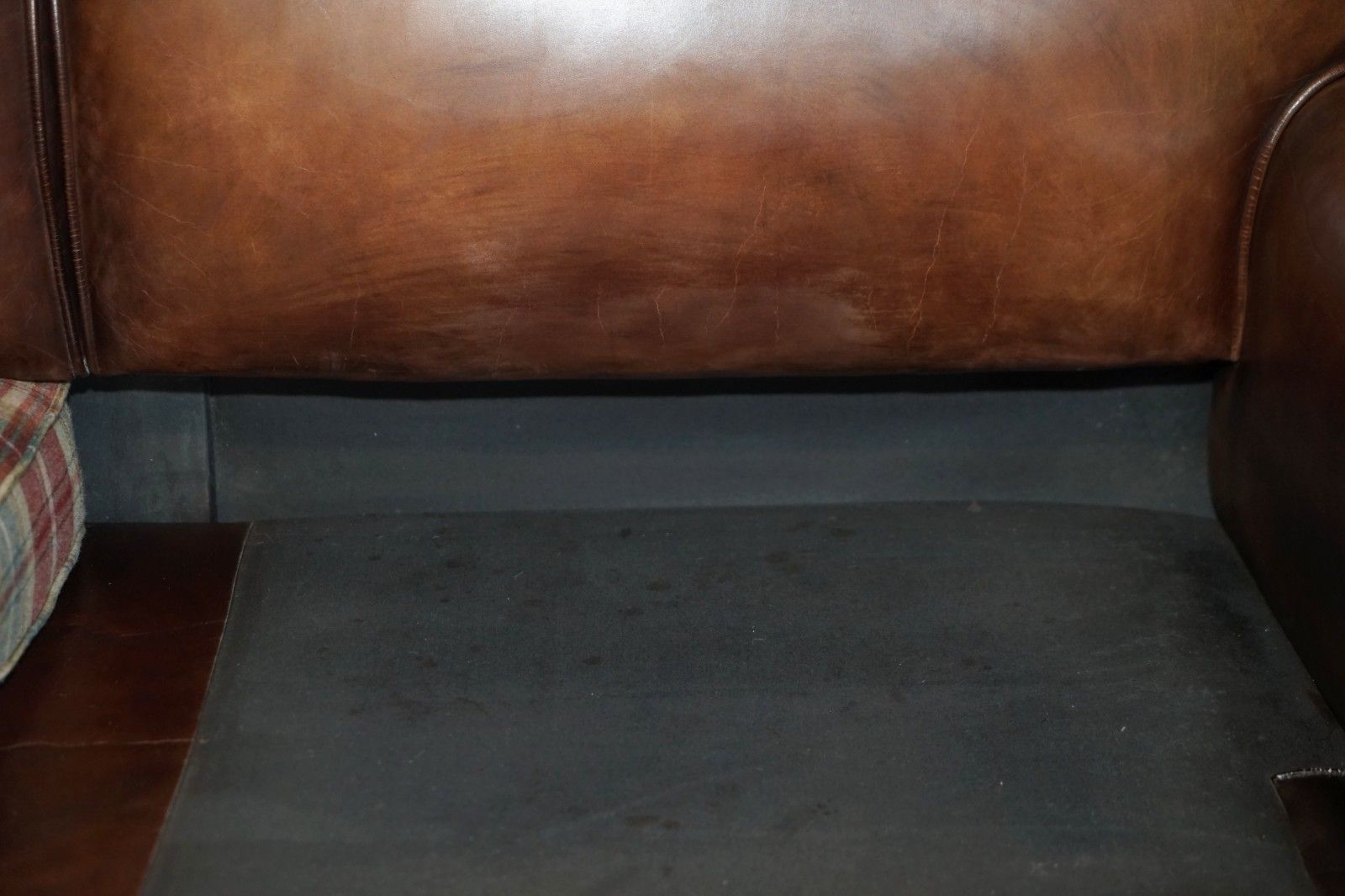 photo buy Fine George Smith Howard Brown Leather Signature Scroll Arm Sofa Tartan Cushions