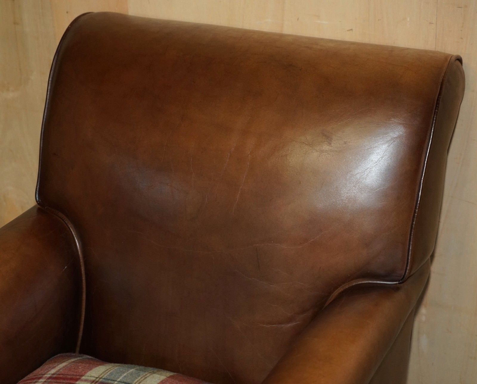 Pair Of George Smith Brown Leather Signature Scroll Tartan Cushions Armchairs photo 7950.0