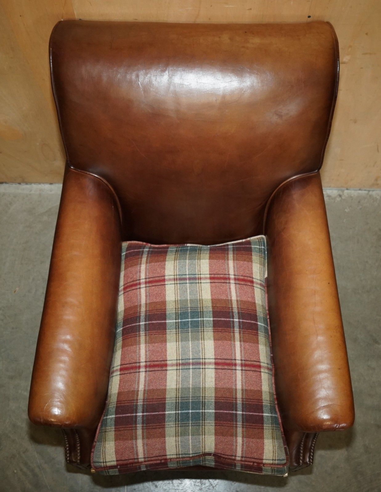 Pair Of George Smith Brown Leather Signature Scroll Tartan Cushions Armchairs photo vinterior