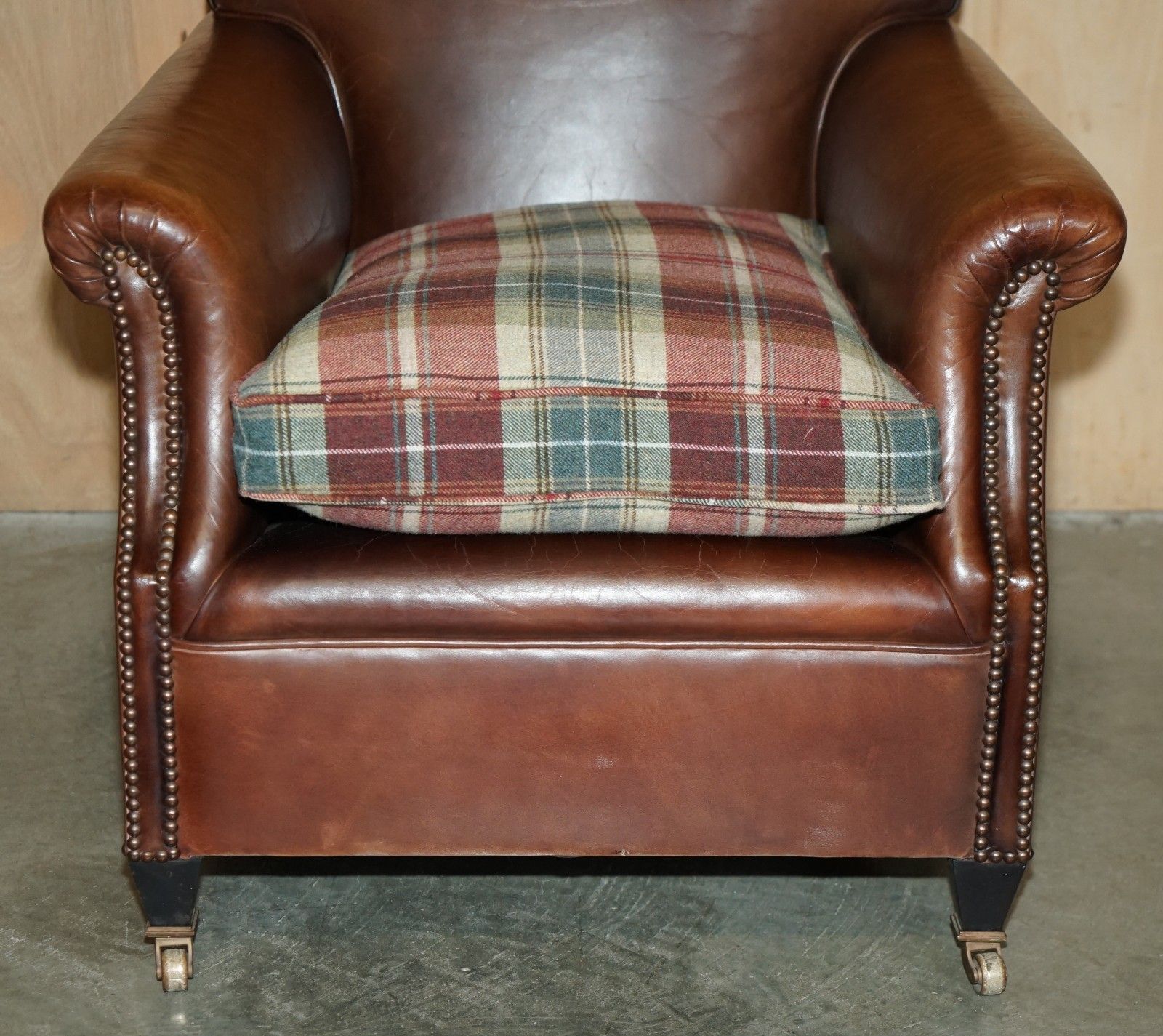 Pair Of George Smith Brown Leather Signature Scroll Tartan Cushions Armchairs photo vintage