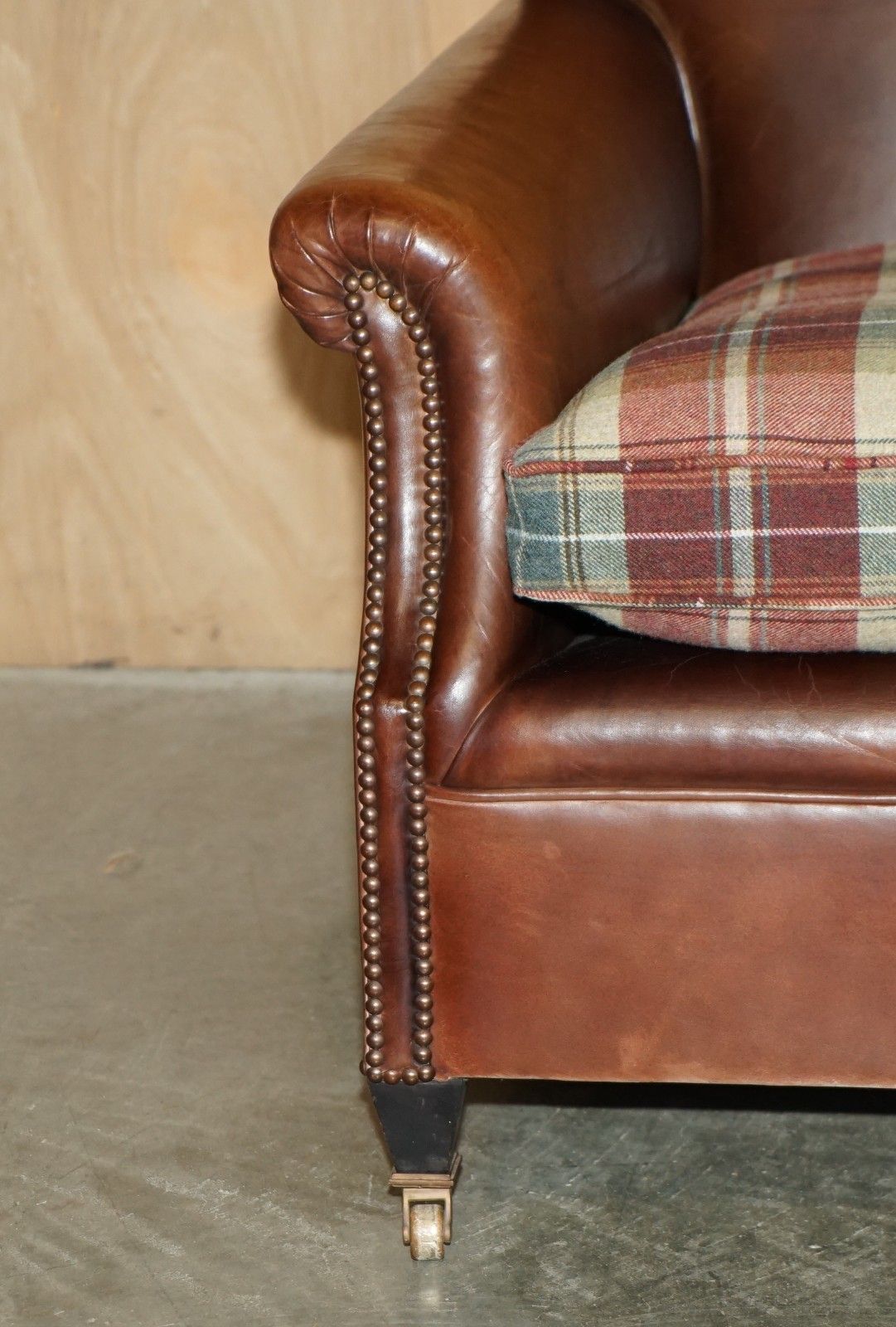 photo furniture Pair Of George Smith Brown Leather Signature Scroll Tartan Cushions Armchairs