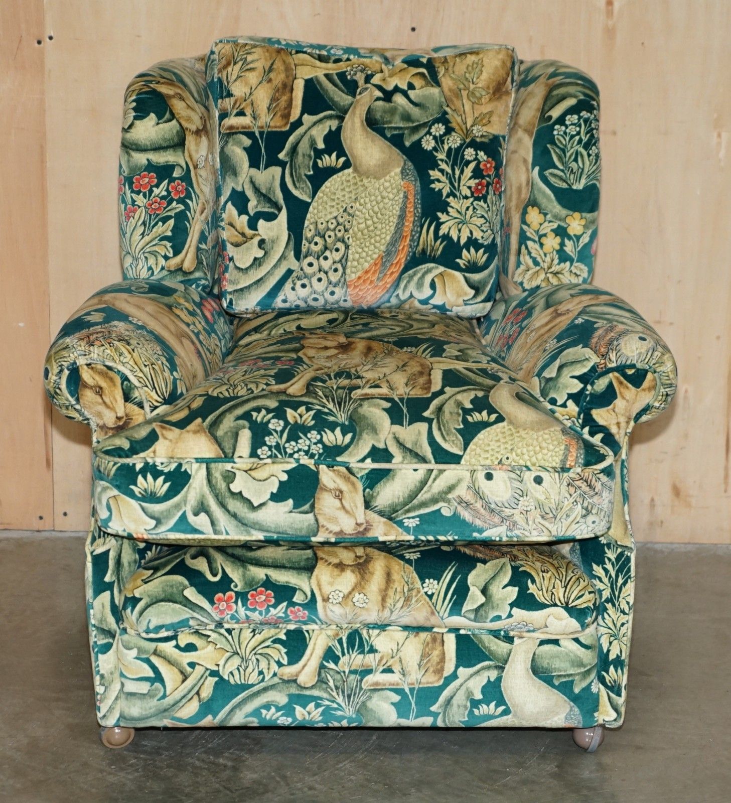 Vintage William Morris Forest Velvet 1960's Club Armchair With Feather Cushions photo for sale