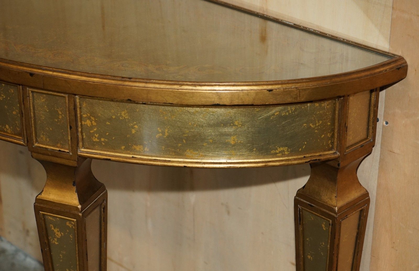 photo for sale Theodore Alexander Eglomise Demilune Console Table Venetian Gold Gilt Finish