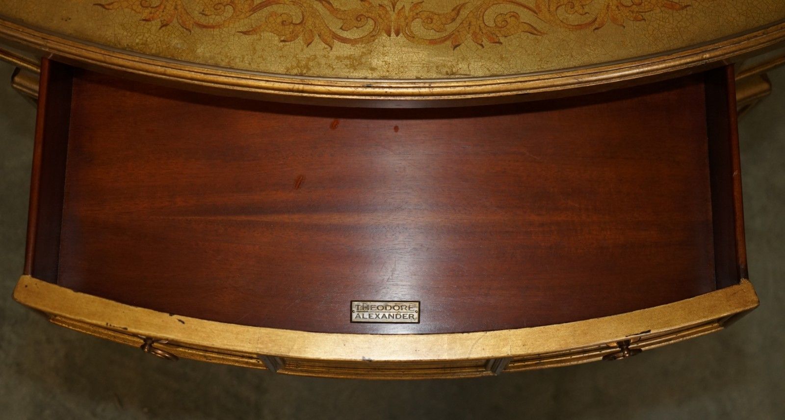photo buy Theodore Alexander Eglomise Demilune Console Table Venetian Gold Gilt Finish