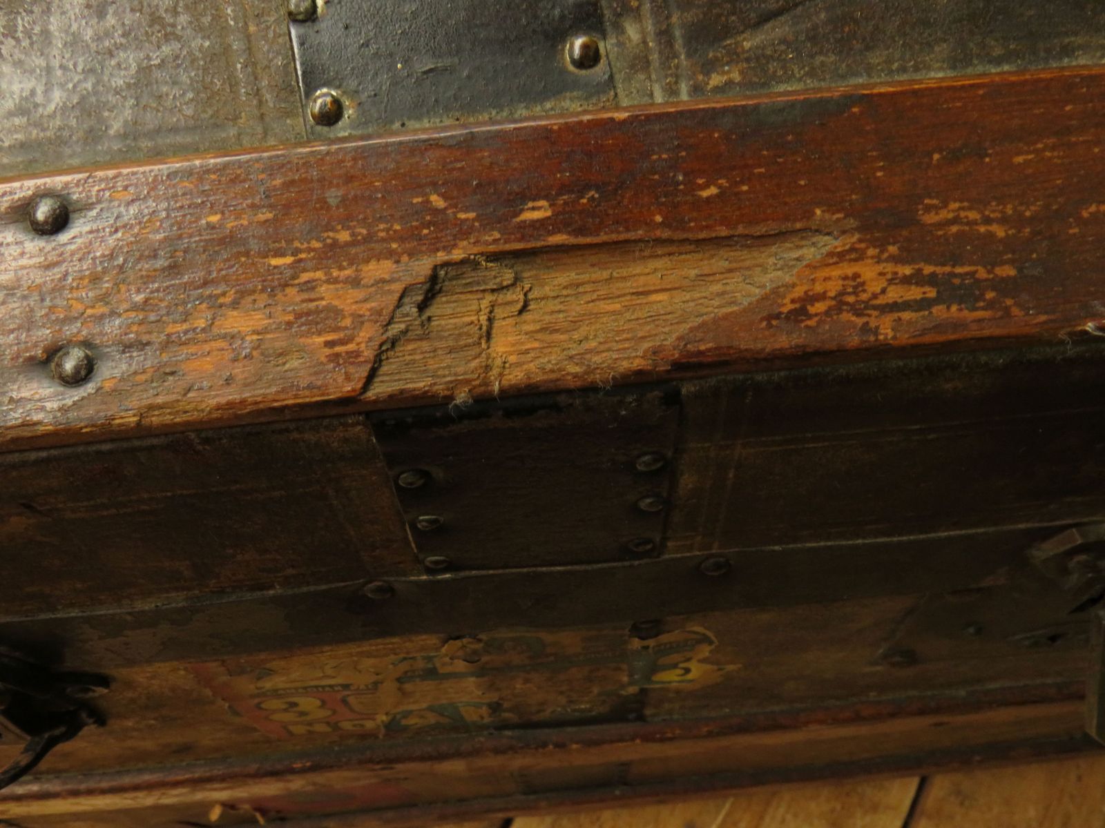 photo furniture Large Antique Dome Top Travelling Trunk With Old Canadian Luggage Labels