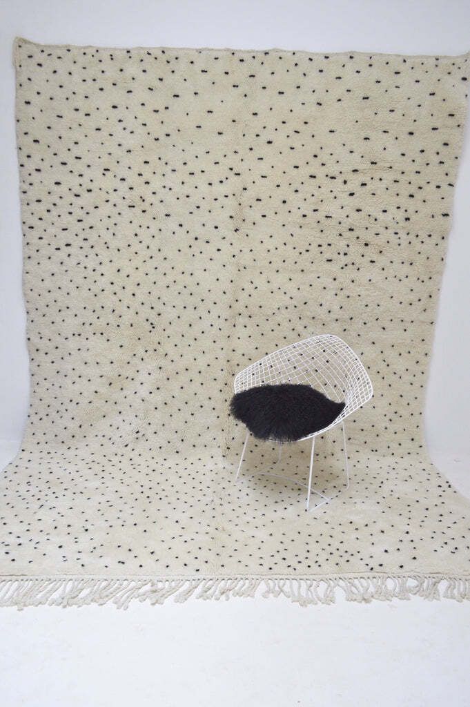 Beni Ourain Moroccan Rug Plush Pure Wool Hand Knotted Cream Black Polka Dot Custom Made Berber Carpet photo for sale