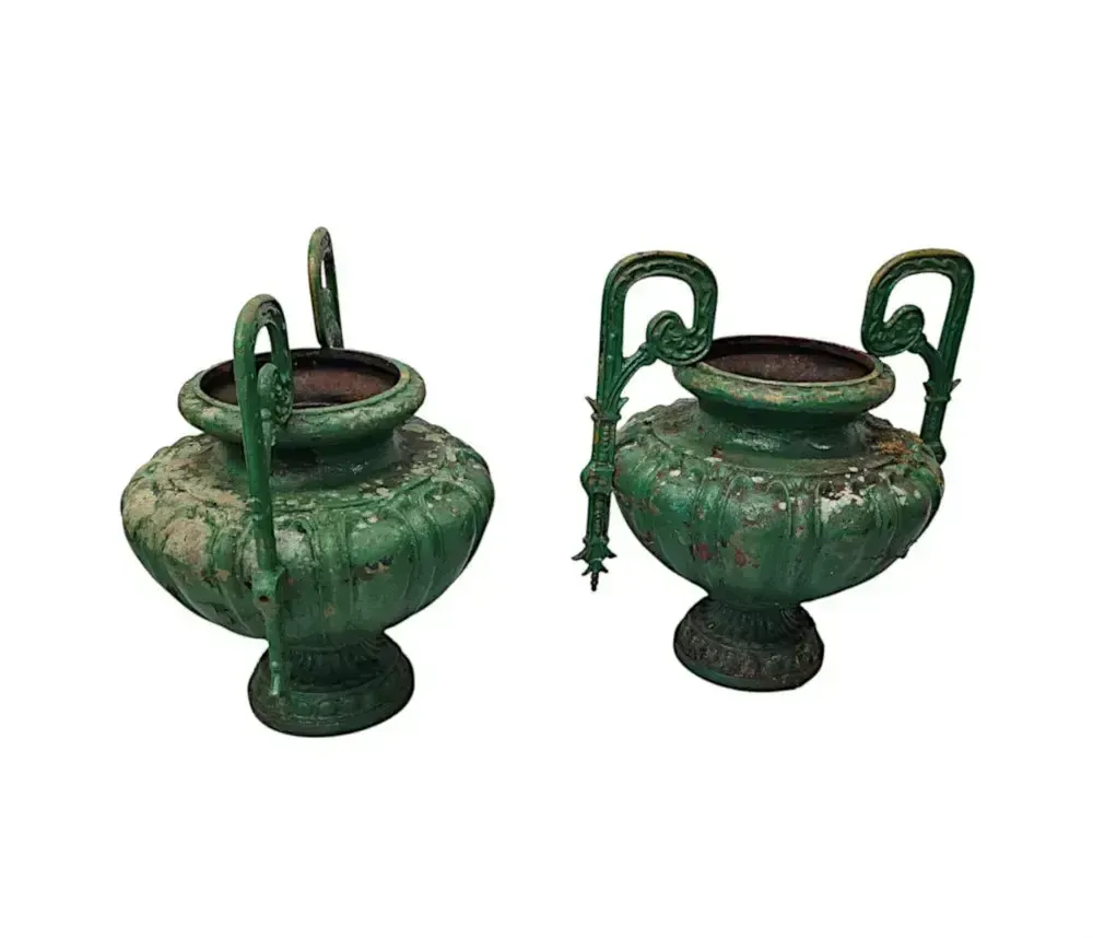 A Very Rare Pair Of 19th Century Heavy Cast Iron Garden Urns photo for sale