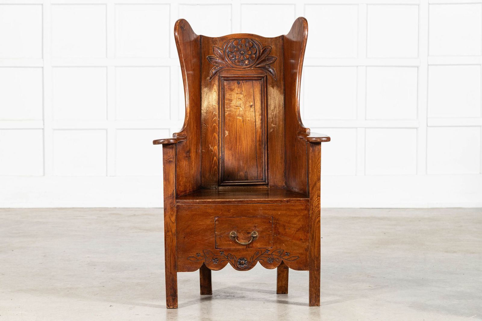 Early 18thc Oak & Pine Carved Lambing Chair photo furniture