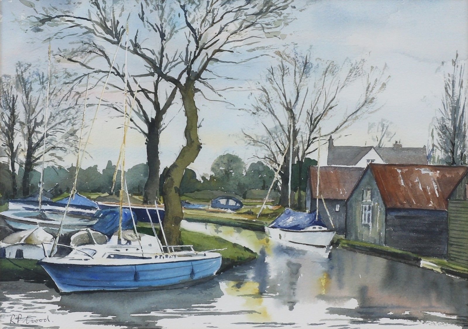 Watercolour By R P Good. Titled 'Norfolk Broads In Winter' photo furniture