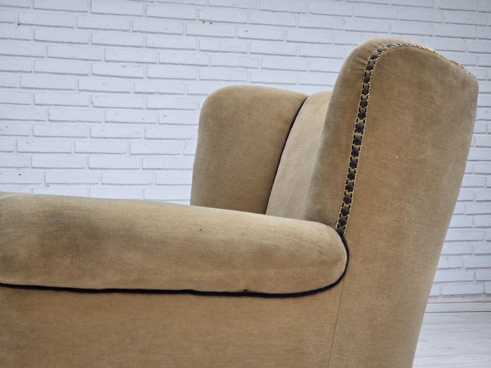 1950s, Danish Relax Chair, Furniture Velour With Patina, Oak Wood Legs. photo furniture