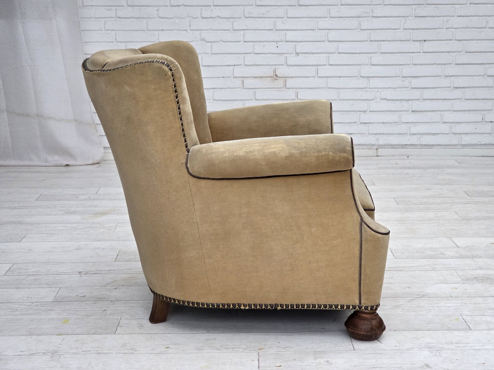 1950s, Danish Relax Chair, Furniture Velour With Patina, Oak Wood Legs. photo for sale