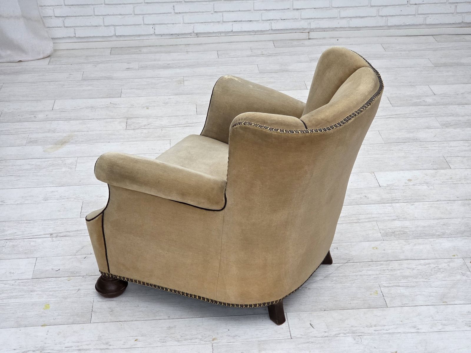 1950s, Danish Relax Chair, Furniture Velour With Patina, Oak Wood Legs. photo Furniture