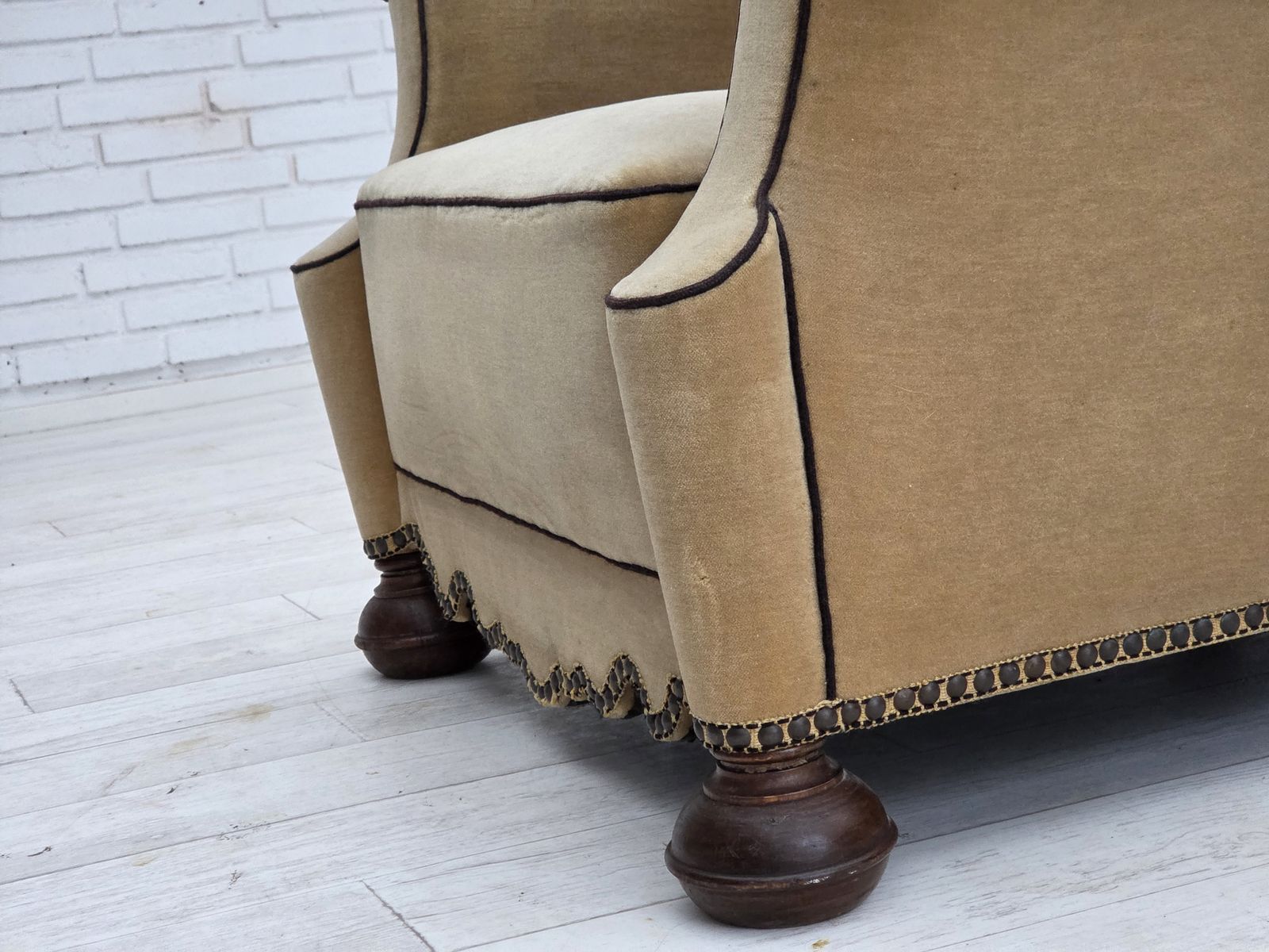 photo buy 1950s, Danish Relax Chair, Furniture Velour With Patina, Oak Wood Legs.
