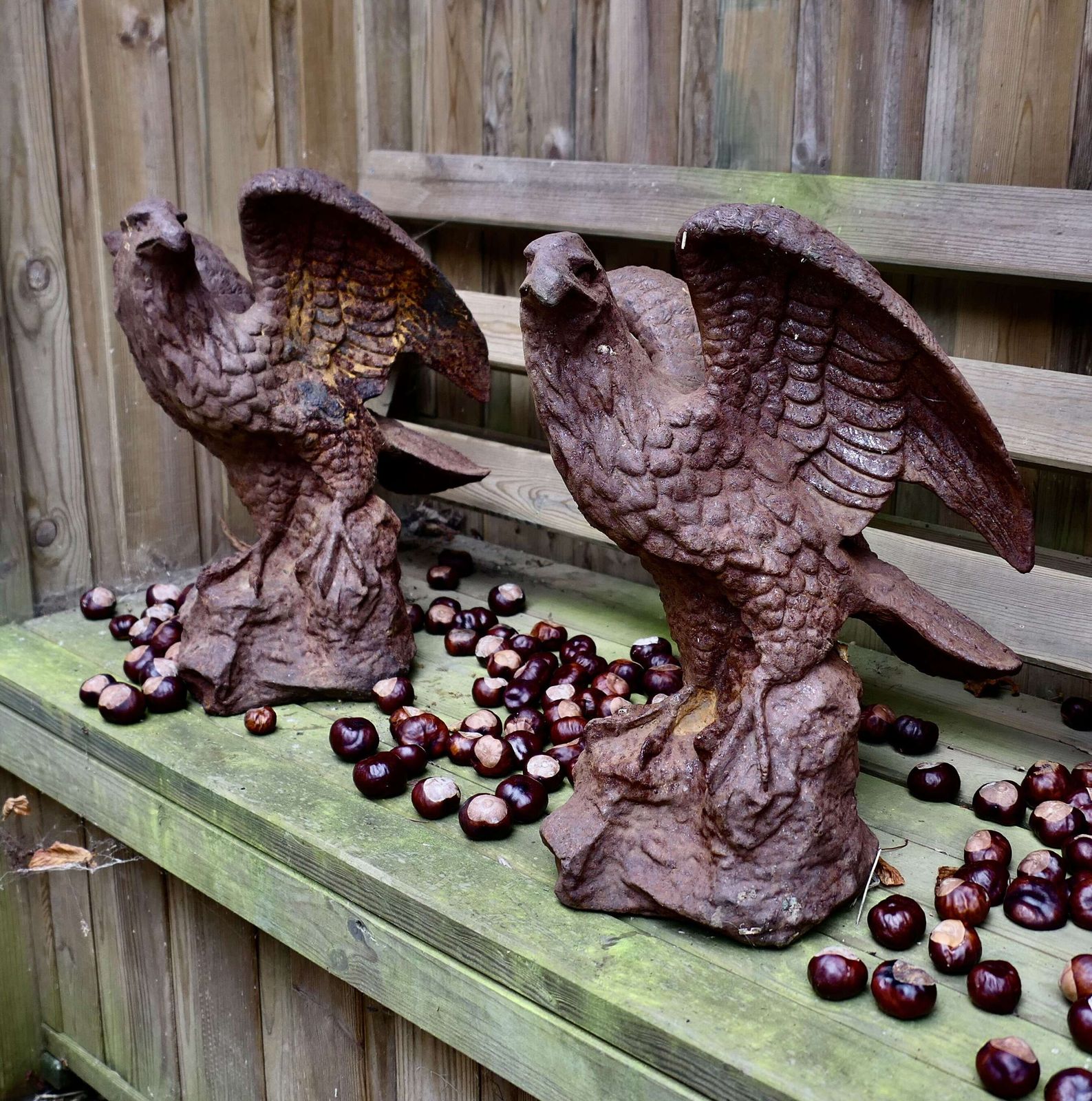 2 Old Weathered Cast Iron Eagle Statues. photo vintage