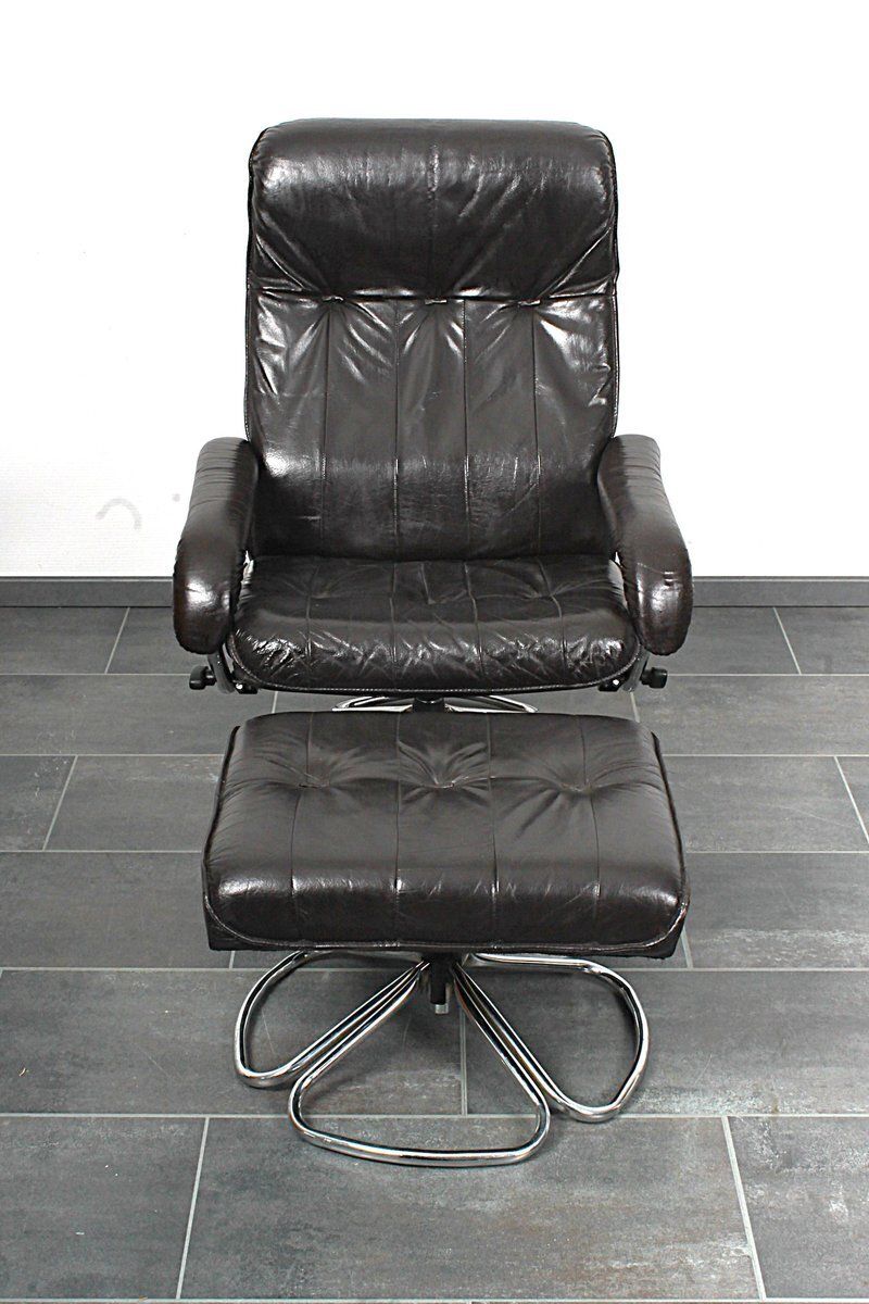 photo buy Set Of Lounge Chair And Ottoman In Dark Brown Leather, From Unico 1970s, Set Of 2