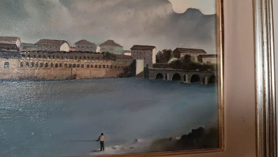 Oil Painting On Canvas Board 1970s Signed Nava Lake River Mountains photo Art