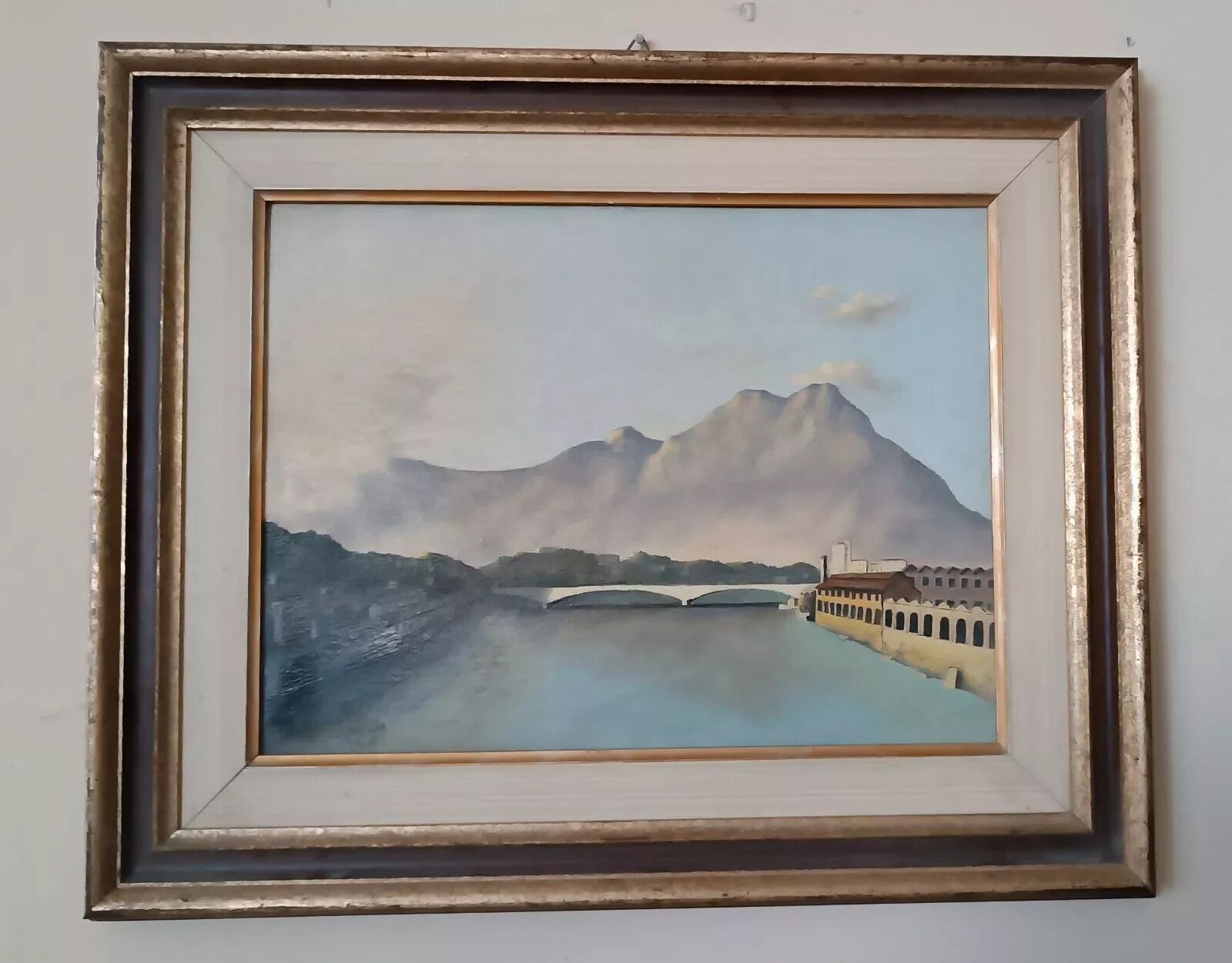 Oil Painting On Canvas From The 70s Signed Nava Lake River Mountains
