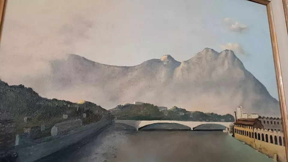 Oil Painting On Canvas From The 70s Signed Nava Lake River Mountains photo vinterior