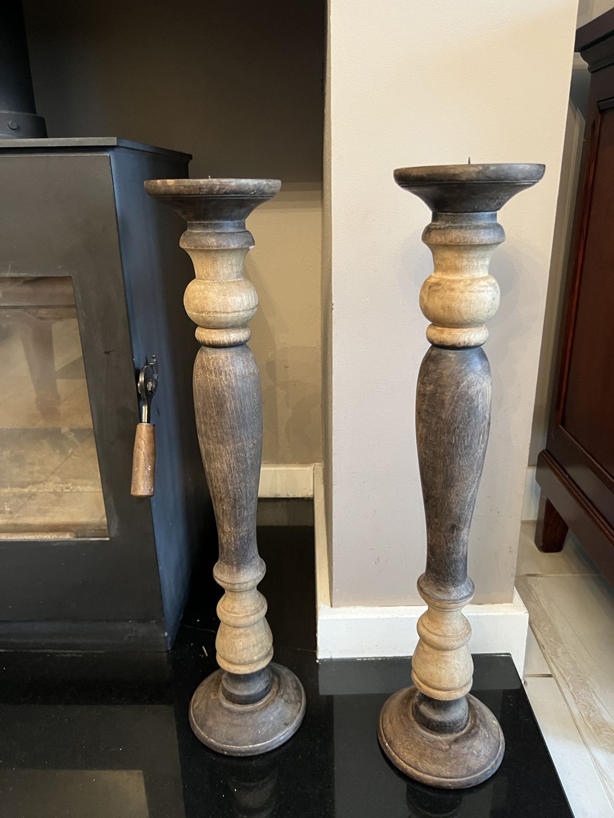 Pair Of Vintage European Wooden Pillar Candle Holders photo 60.0