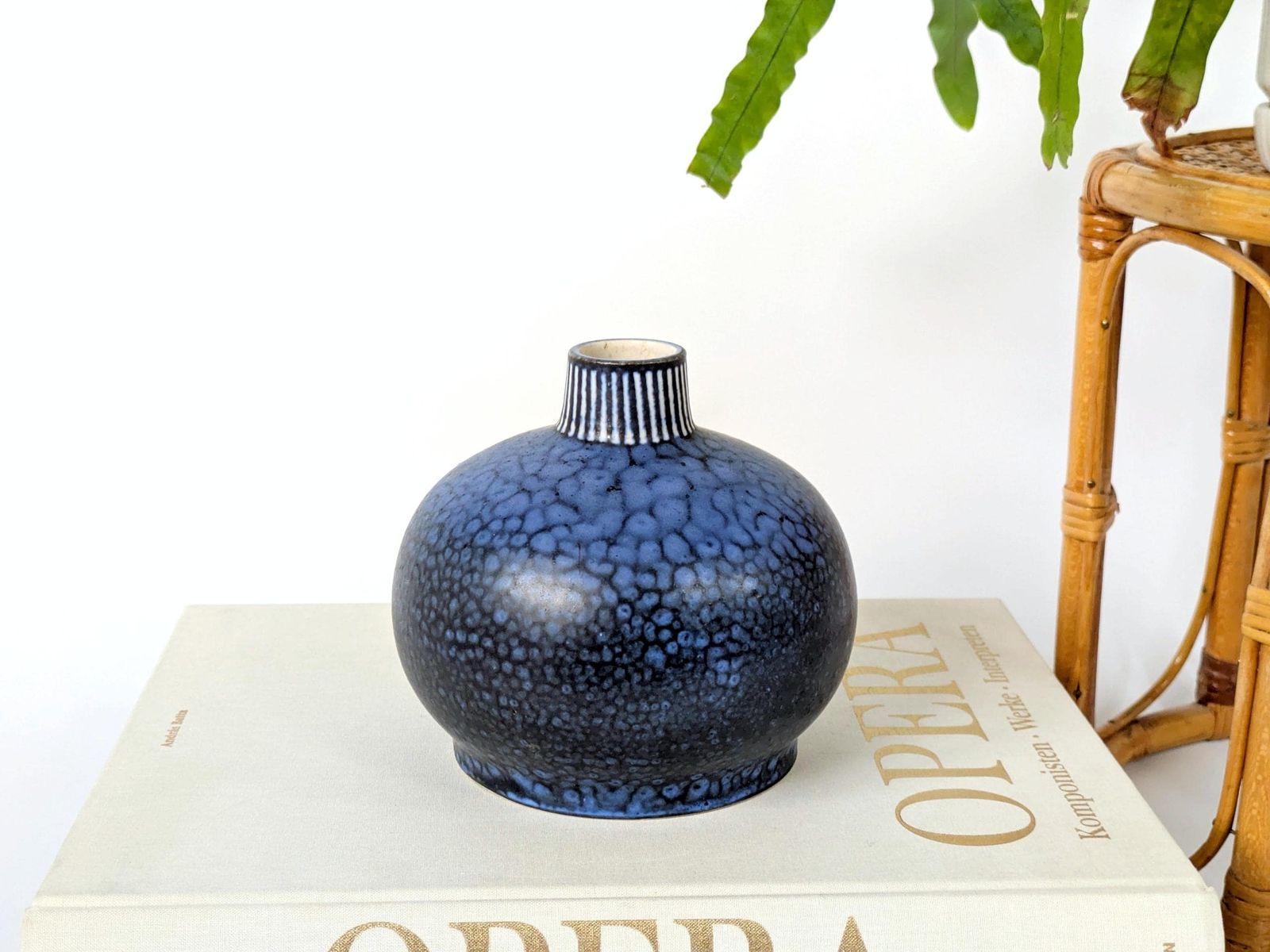 Vintage Thoms Keramik Vase, German Midcentury Pottery, Blue Splatter Glaze, Modernist Studio Art Ceramic, 1960s–1970s photo furniture