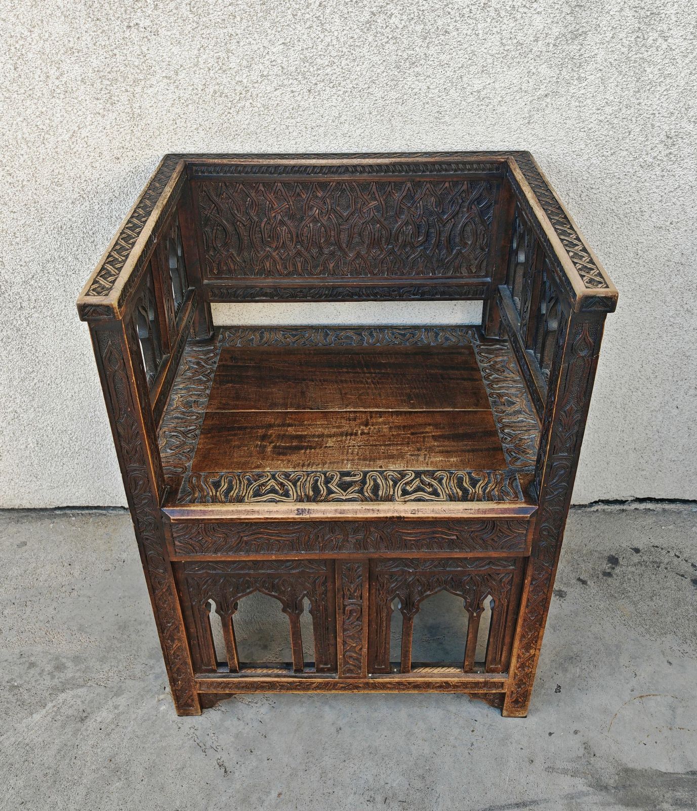 Antique Hand Carved Moorish Armchair In Solid Oak, Spain 19th Century photo furniture