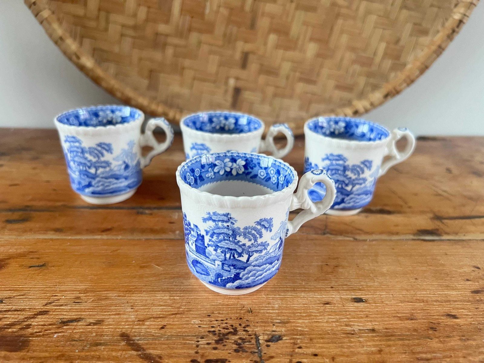 Antique Copeland Spode Tower England Espresso Size Cups Set Of Four | Small Blue And White Transferware Demitasse Mugs | Scalloped Edge