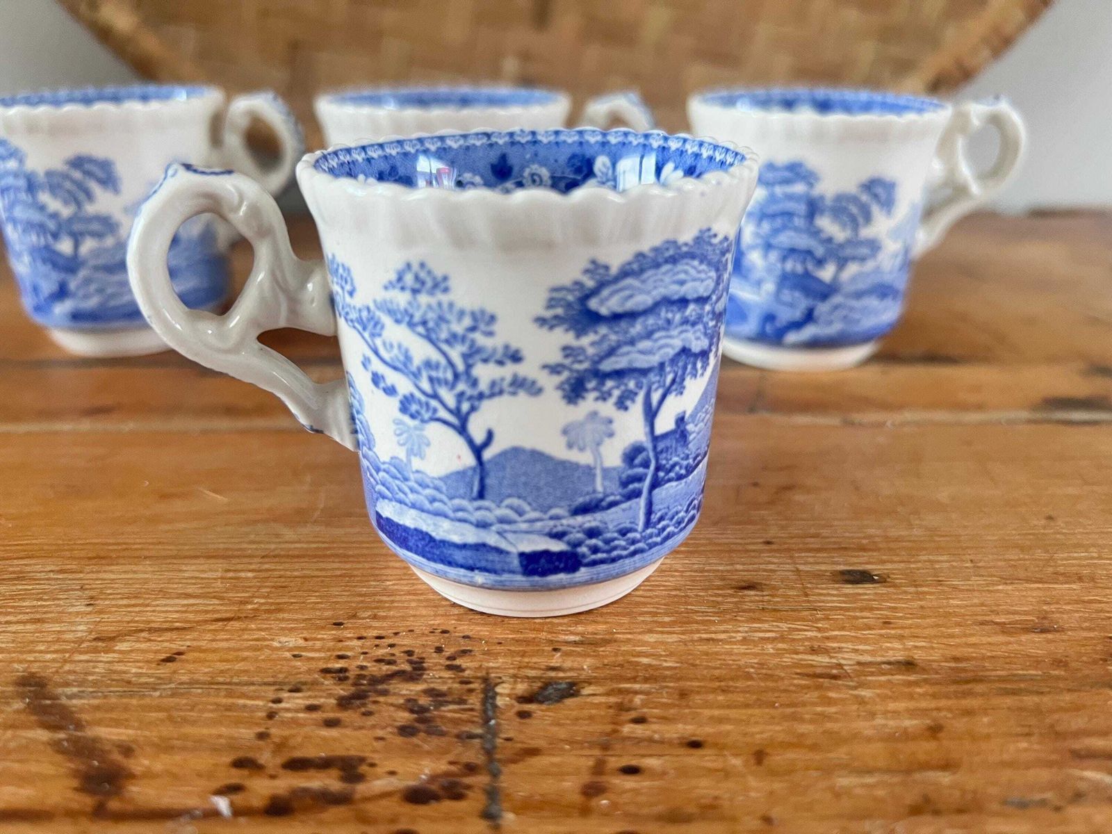 Antique Copeland Spode Tower England Espresso Size Cups Set Of Four | Small Blue And White Transferware Demitasse Mugs | Scalloped Edge photo Home Decor