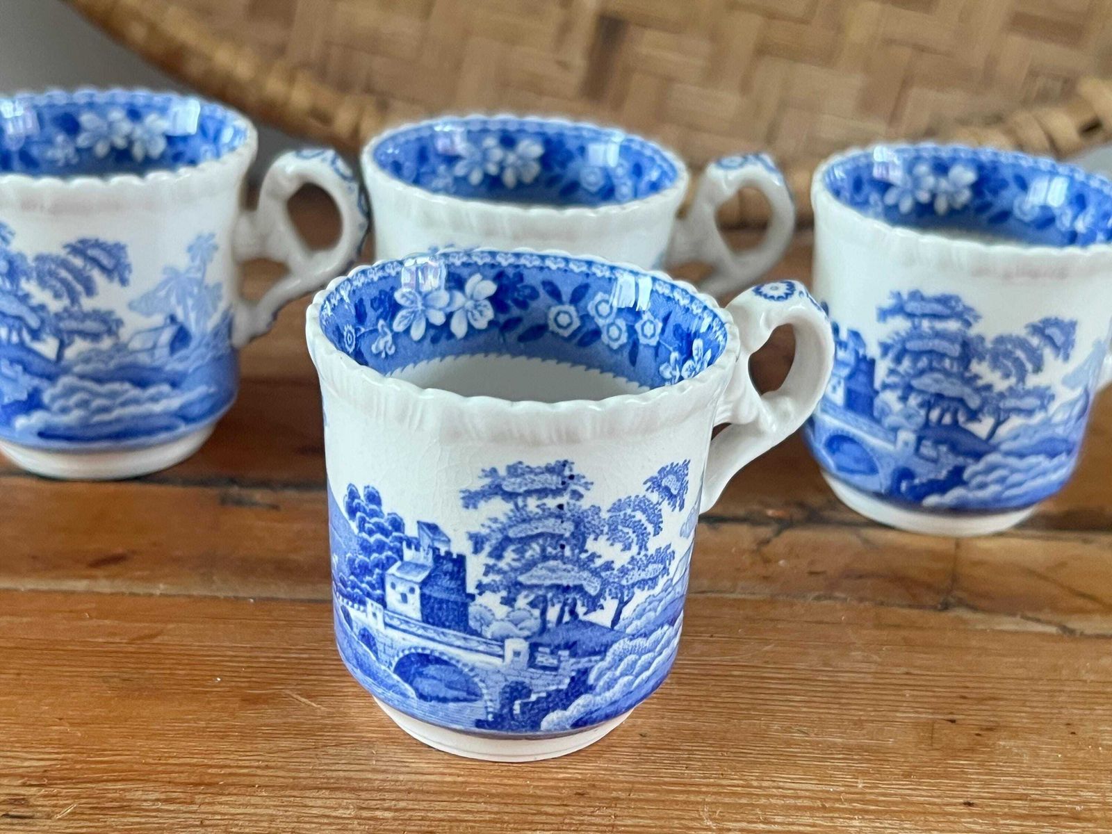 Antique Copeland Spode Tower England Espresso Size Cups Set Of Four | Small Blue And White Transferware Demitasse Mugs | Scalloped Edge photo buy