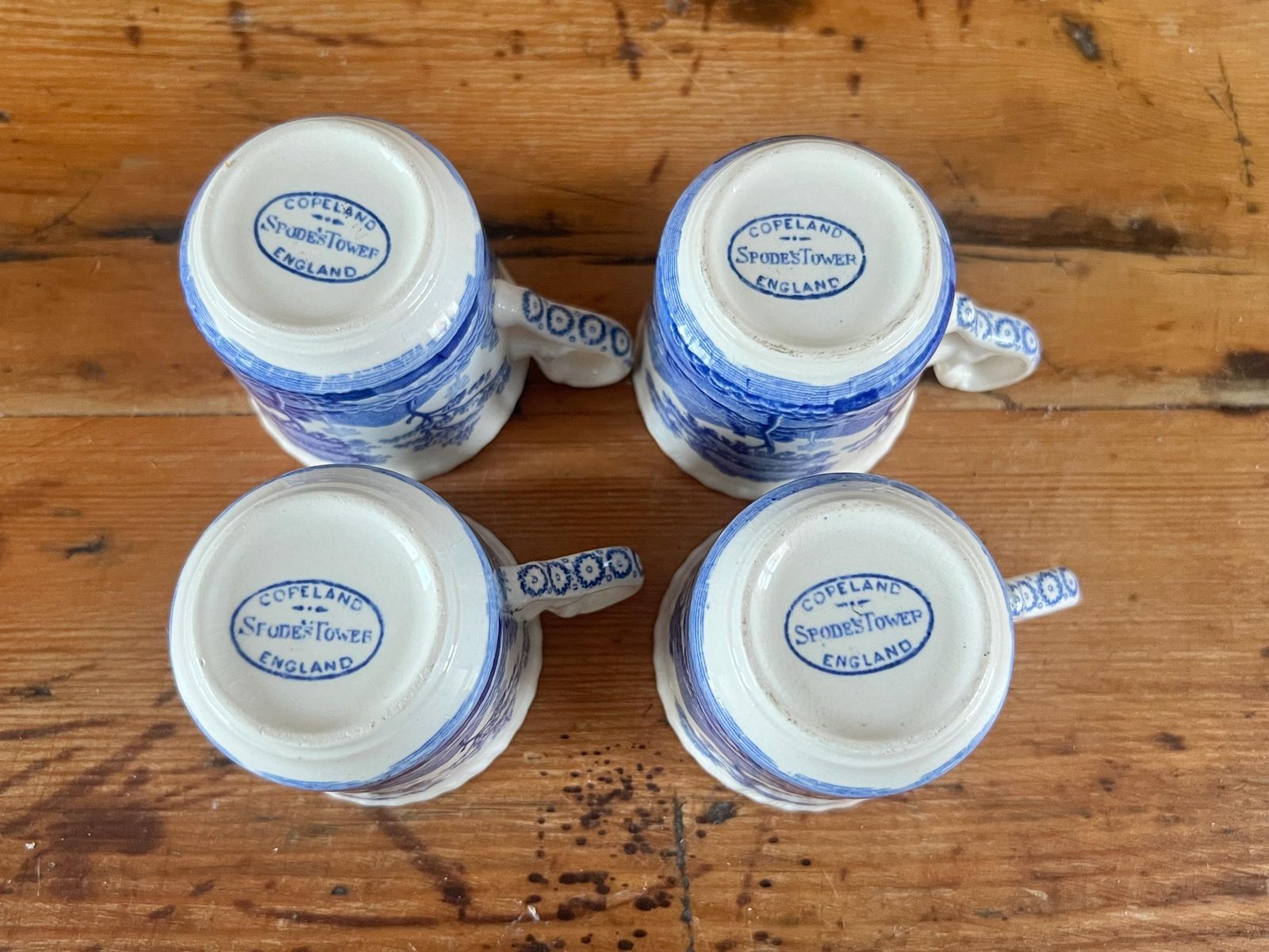Home Decor Antique Copeland Spode Tower England Espresso Size Cups Set Of Four | Small Blue And White Transferware Demitasse Mugs | Scalloped Edge photo