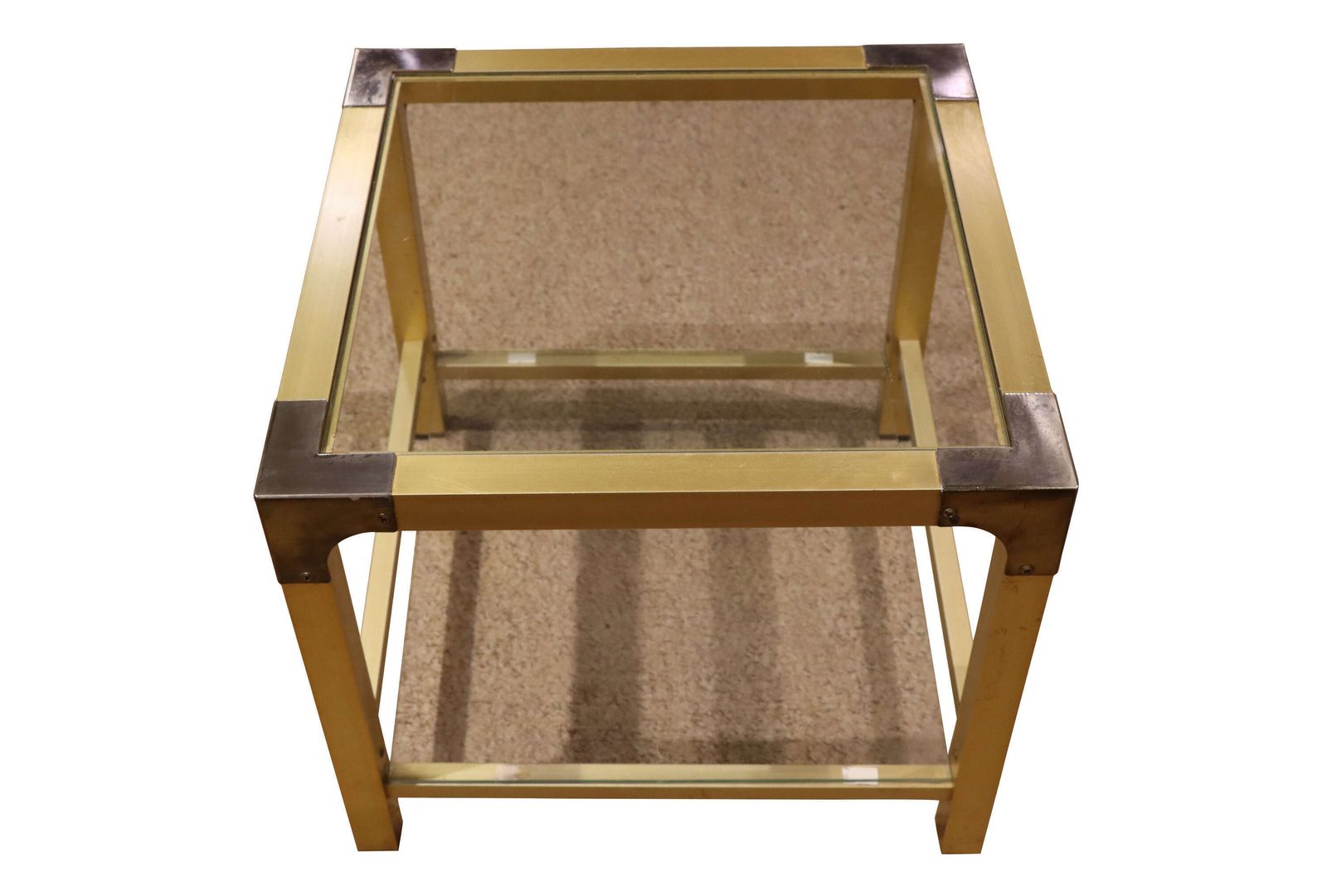 Pair Of Mid 20th Century Brass And Glass Two Tier Tables photo for sale