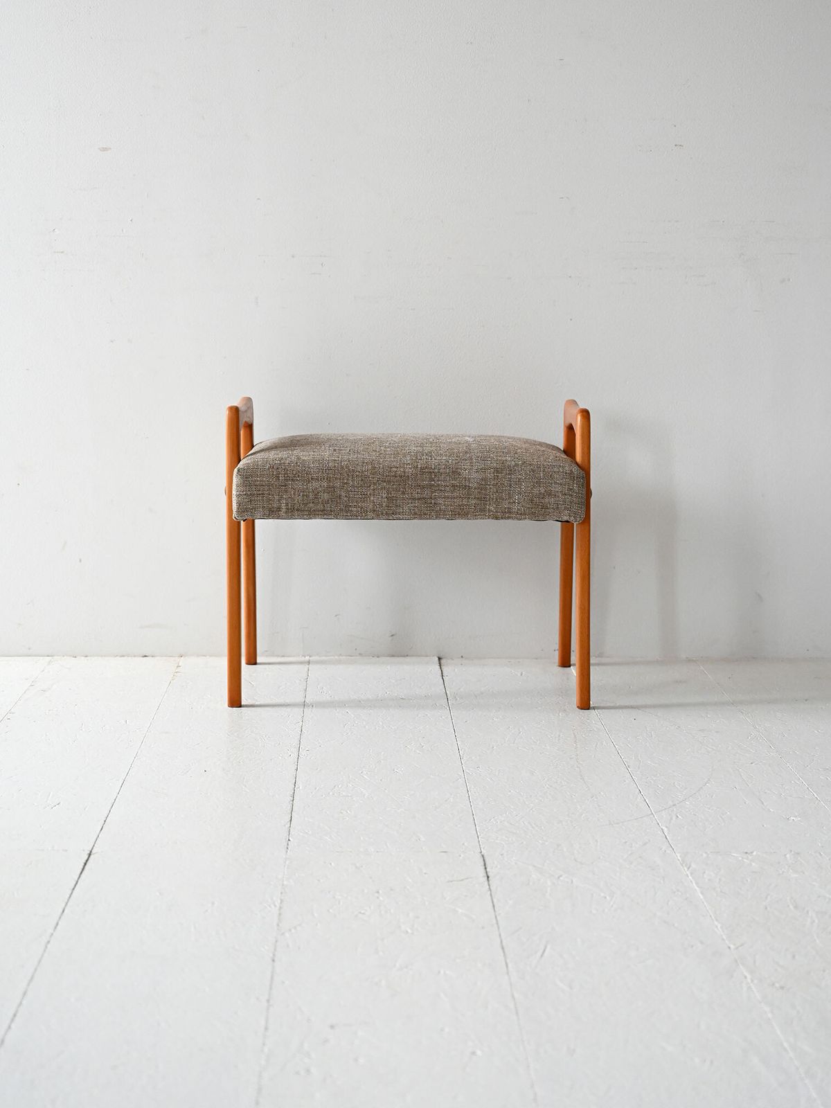 Vintage Scandinavian Oak Footstool With Grey Upholstery