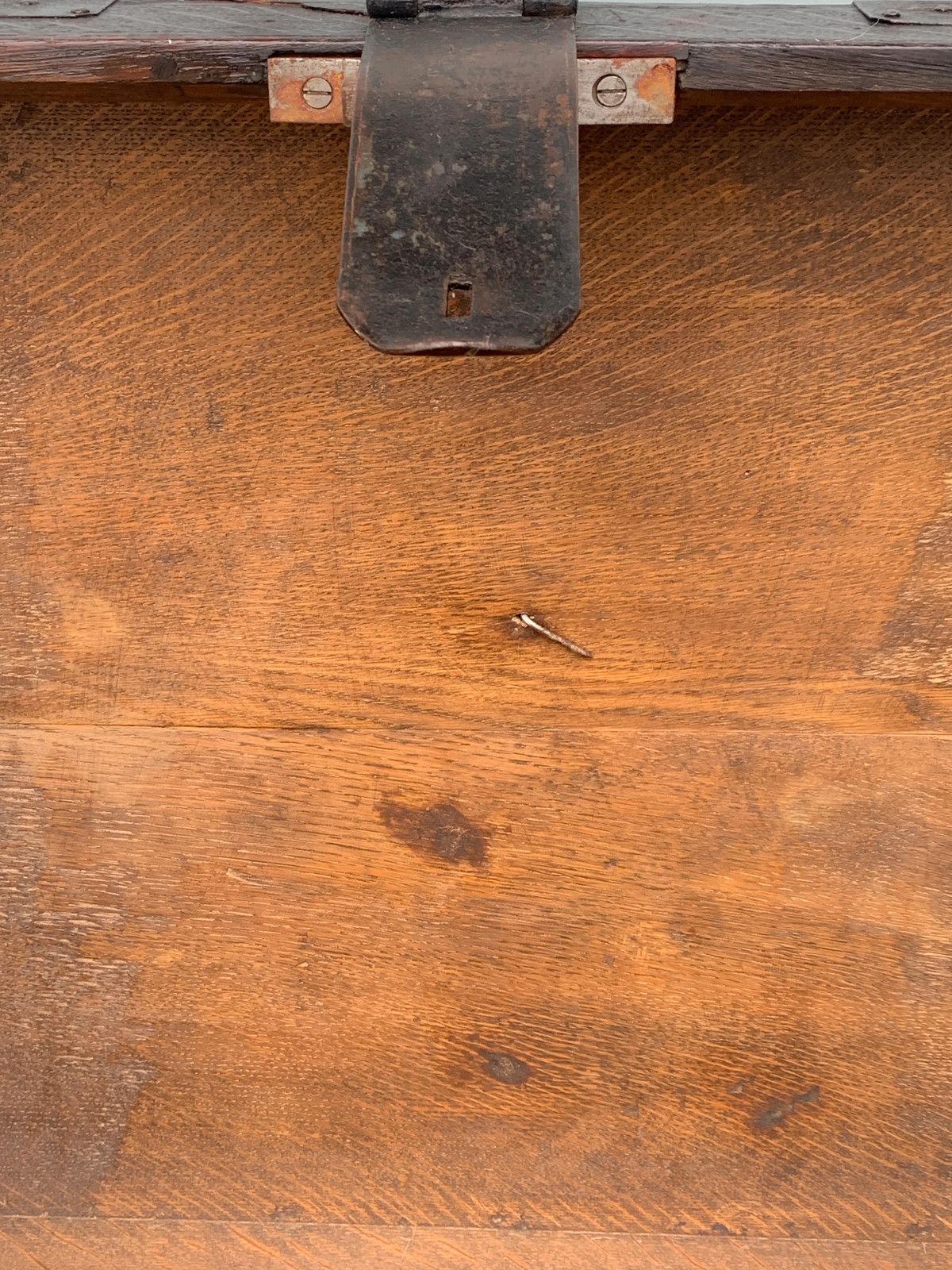 photo furniture Antique Oak, Bound Iron Storage Trunk, Silver Chest, Campaign Chest, C 1800's.