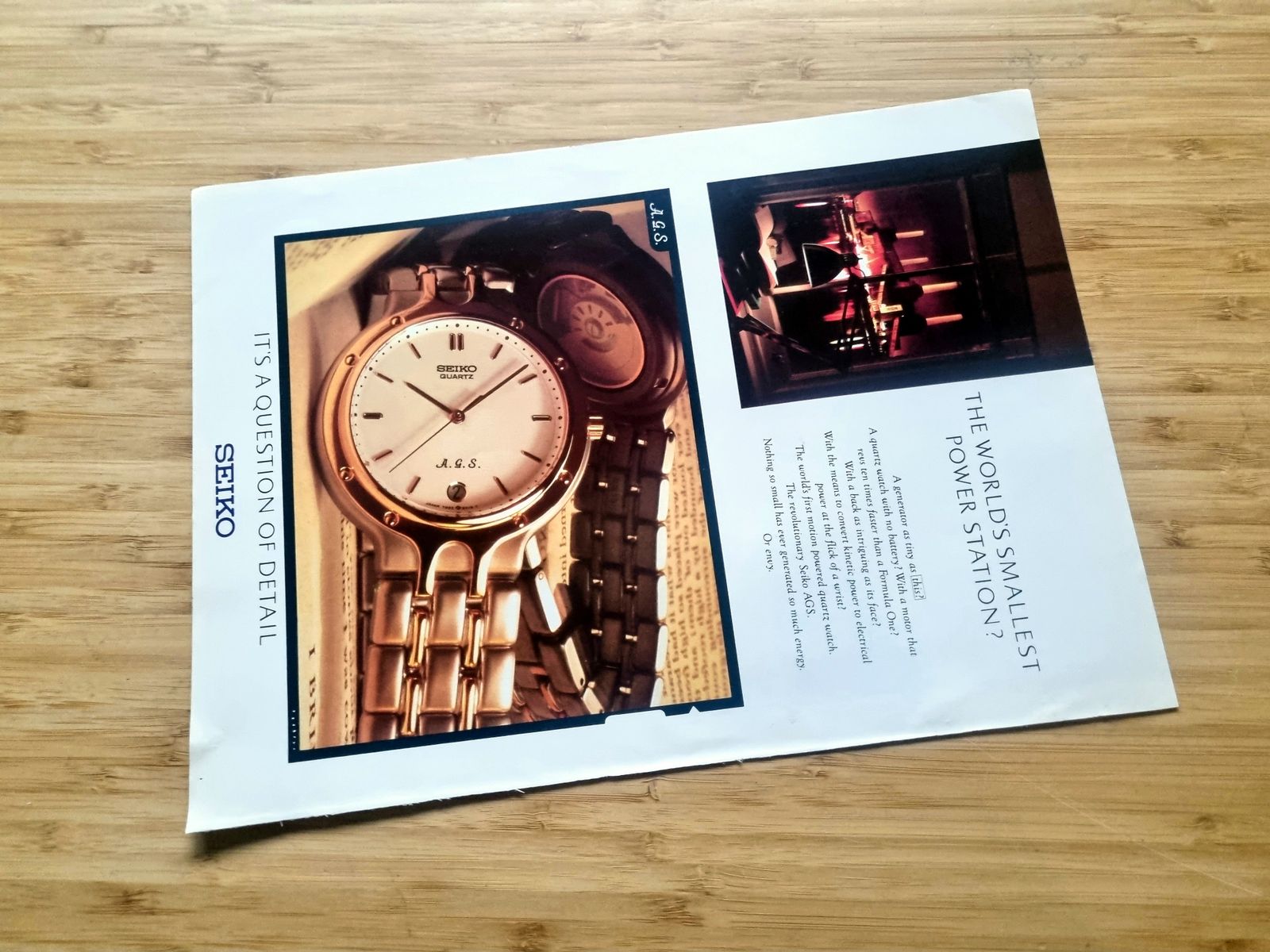 Seiko Ags 1980s Magazine Advertisement, Luxury Watch Ephemera, Quartz Kinetic Tech, Approx. 11 × 8 In, “The World’s Smallest Power Station?” photo Art