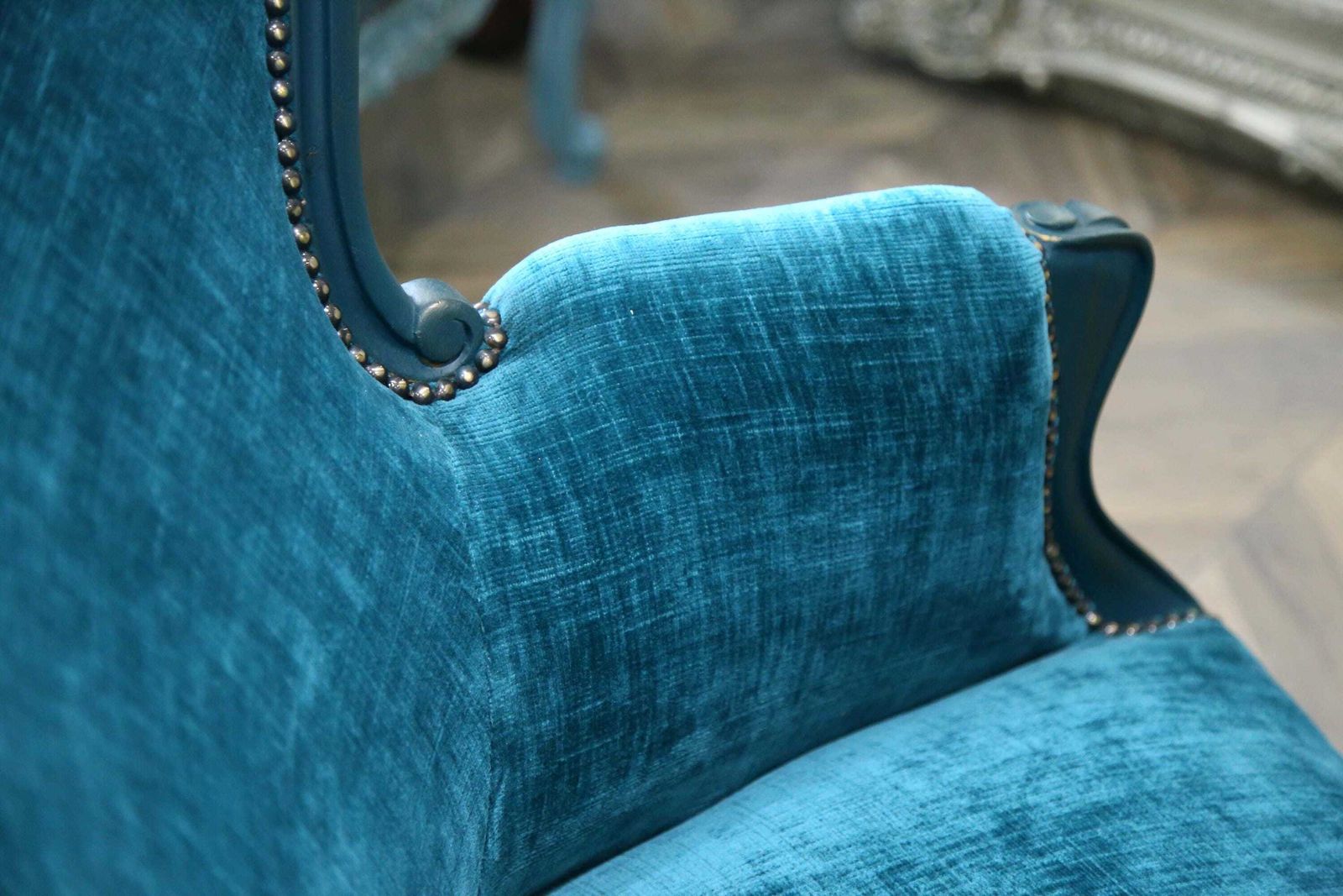 Teal Velvet Salon Sofa: Elegant Statement Piece photo for sale