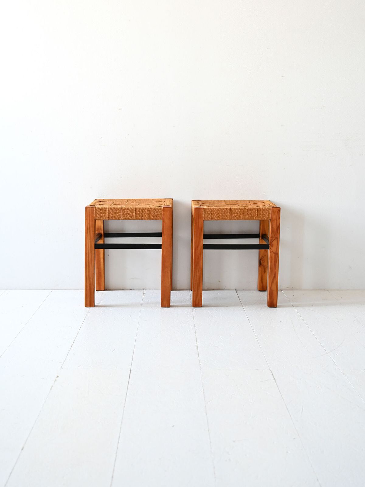 Pair Of Vintage Scandinavian Stools With Woven Seat photo for sale
