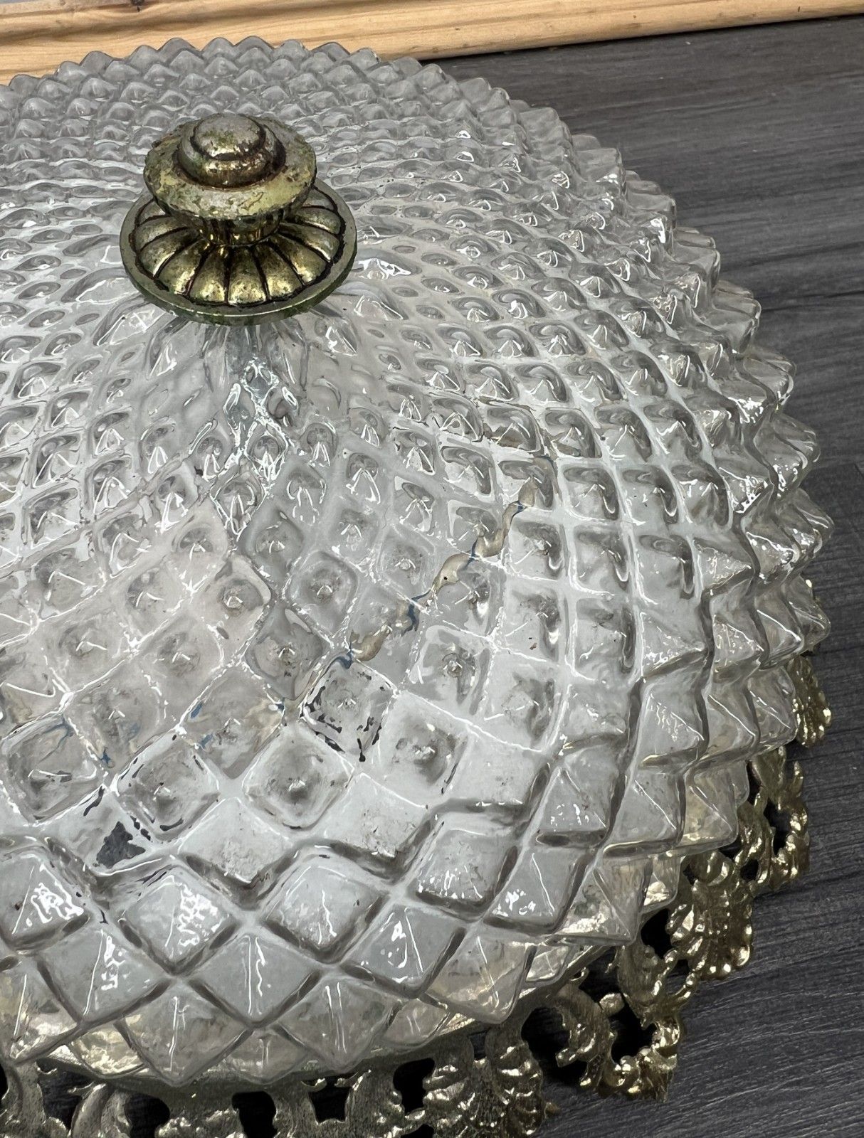 Vintage French Ceiling Light Crystal Glass Dome Ornate Metal Frame Lot 4277 photo vinterior