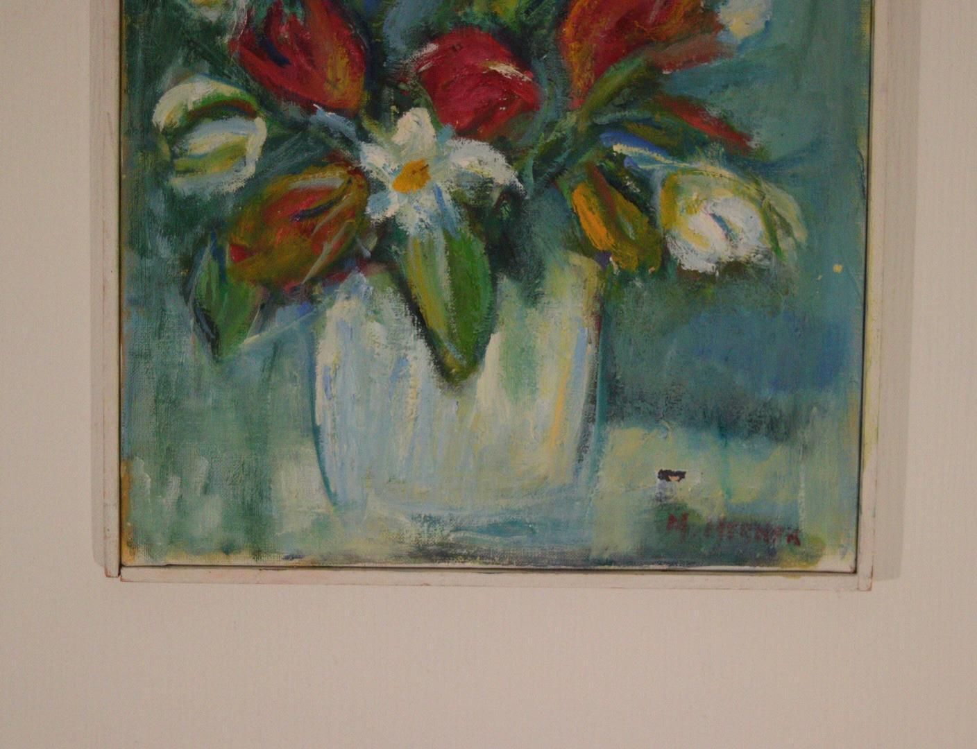 Original Swedish Oil On Canvas – “Vase And Flowers” By M. Hernek – Vintage & Framed  42 × 54 Cm (16.5" × 21.3") photo 295.0