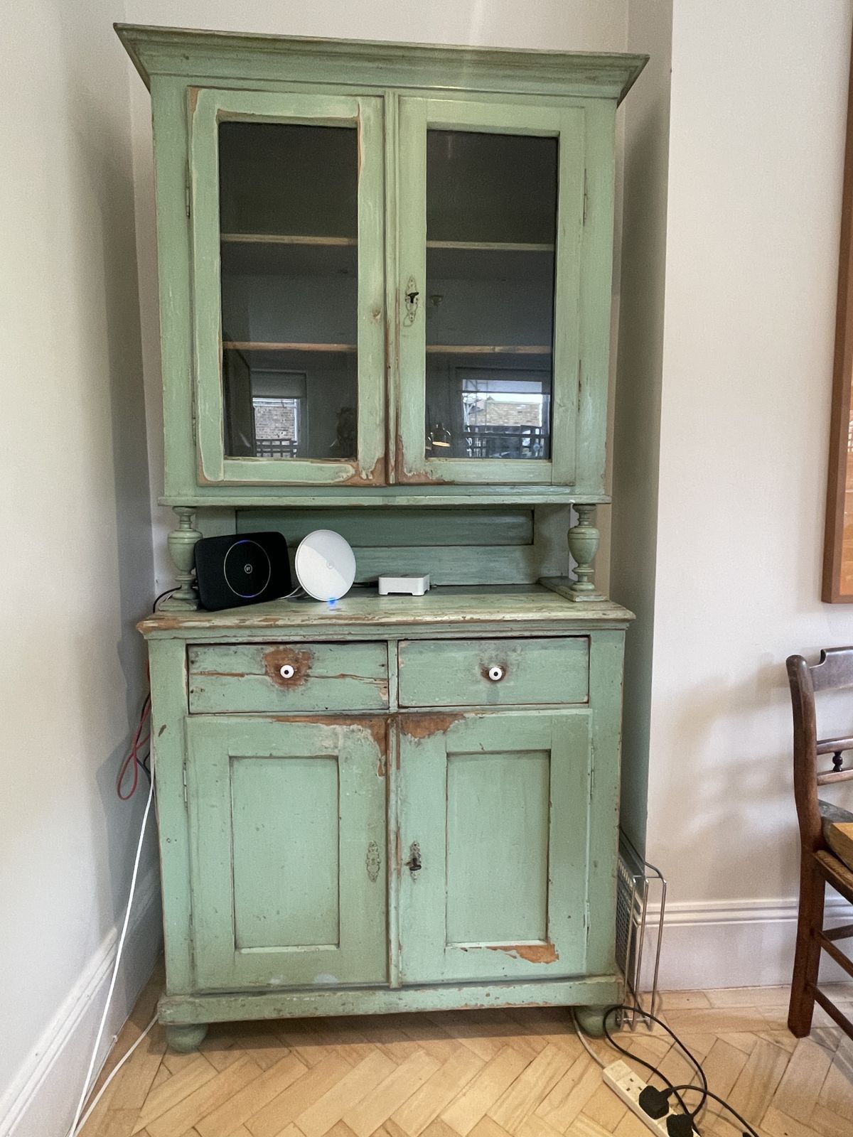Antique Painted Green 'Shabby' Kitchen Cabinet (Armoire)
