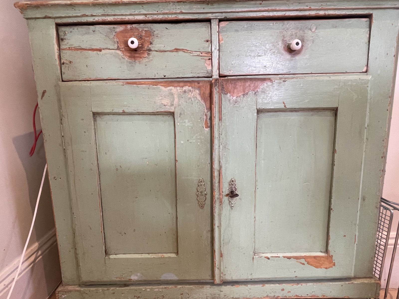 Antique Painted Green 'Shabby' Kitchen Cabinet (Armoire) photo vinterior
